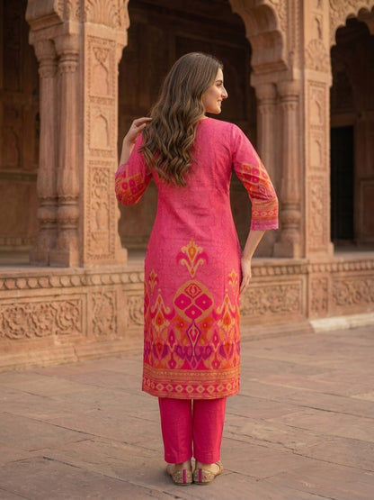 Pink Ikat Print Voile Kurta Set with Palazzo & Dupatta