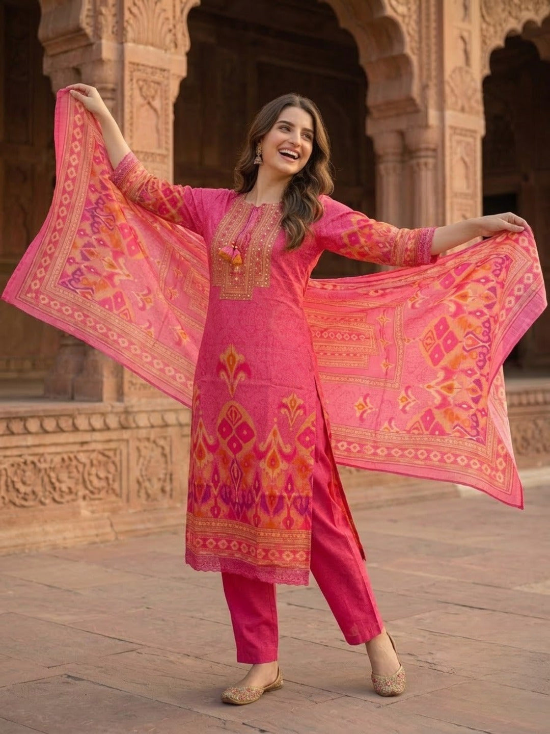 Pink Ikat Print Voile Kurta Set with Palazzo & Dupatta