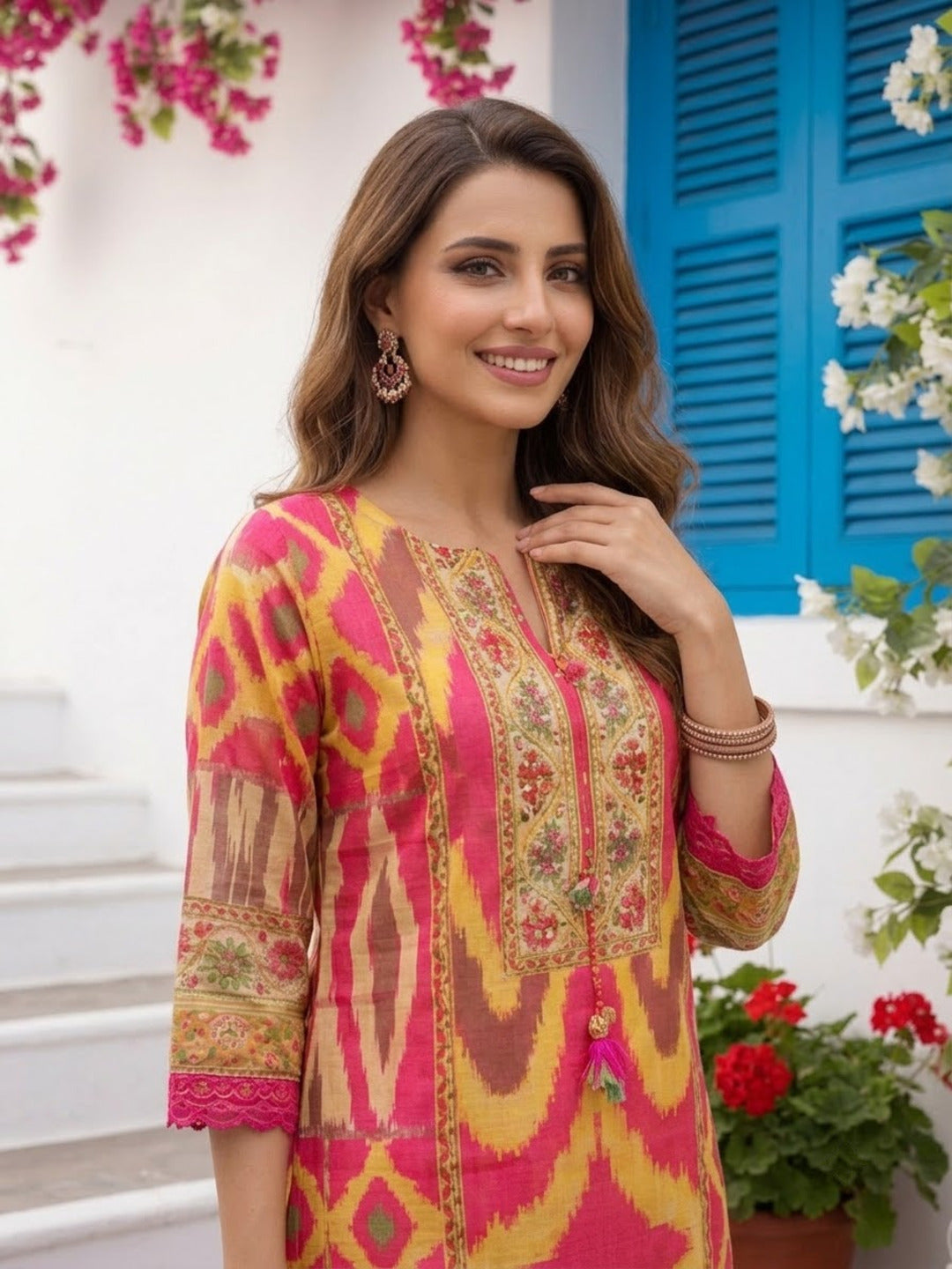 Multicolour Ikat Print Voile Kurta Set with Pink Palazzo & Dupatta