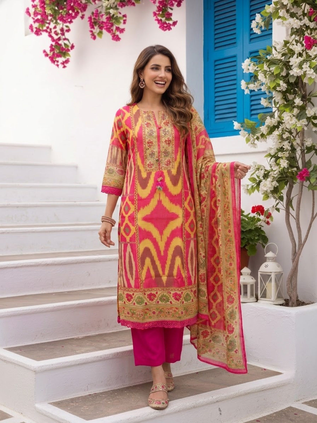 Multicolour Ikat Print Voile Kurta Set with Pink Palazzo & Dupatta