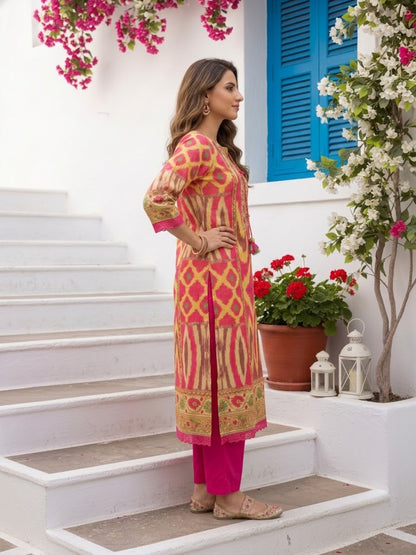 Multicolour Ikat Print Voile Kurta Set with Pink Palazzo & Dupatta