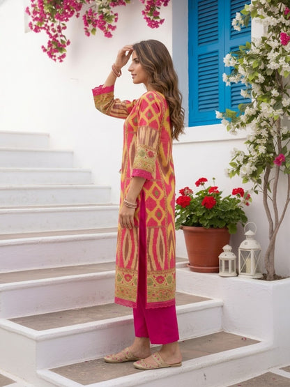Multicolour Ikat Print Voile Kurta Set with Pink Palazzo & Dupatta