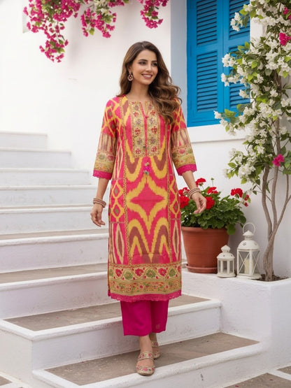 Multicolour Ikat Print Voile Kurta Set with Pink Palazzo & Dupatta