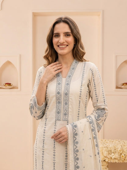 Off White Cotton Embroidered Straight Kurta Set with Palazzo & Dupatta