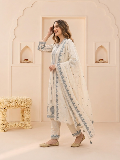 Off White Cotton Embroidered Straight Kurta Set with Palazzo & Dupatta