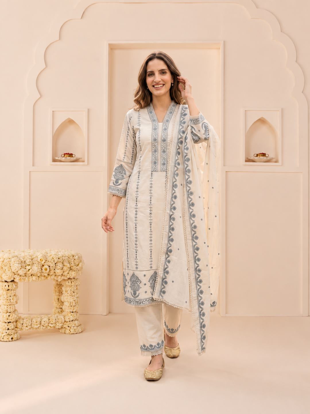 Off White Cotton Embroidered Straight Kurta Set with Palazzo & Dupatta