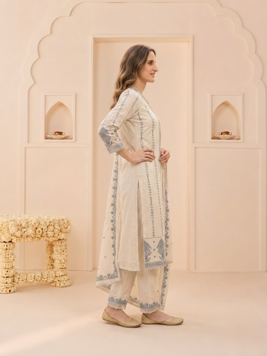Off White Cotton Embroidered Straight Kurta Set with Palazzo & Dupatta