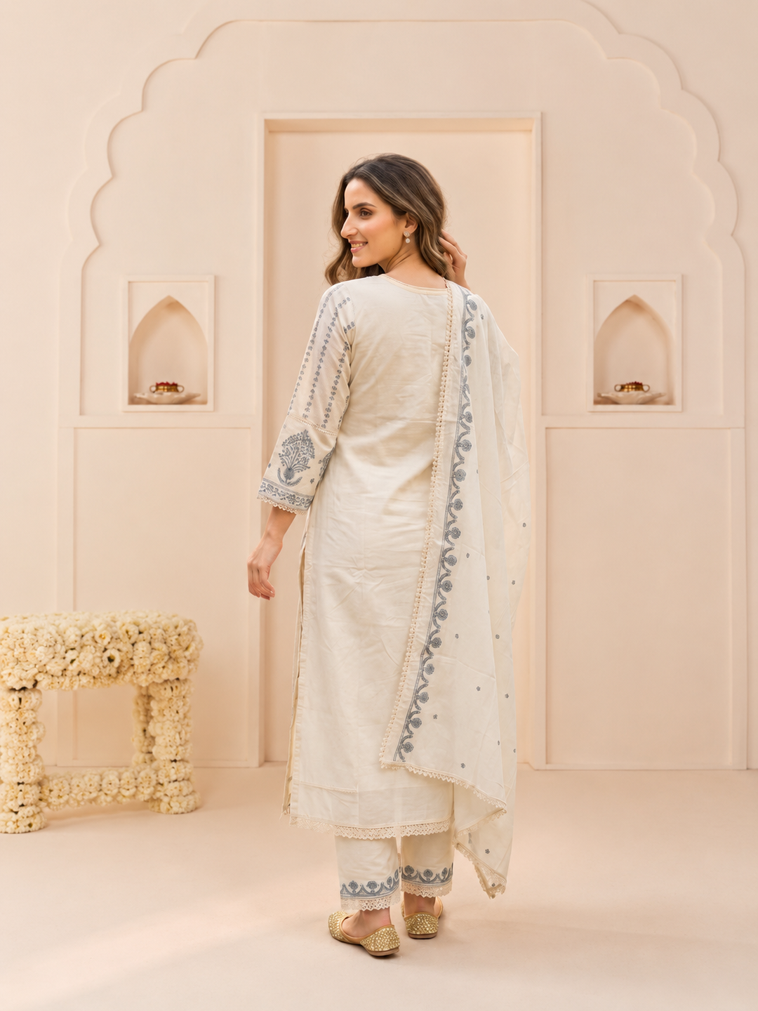 Off White Cotton Embroidered Straight Kurta Set with Palazzo & Dupatta