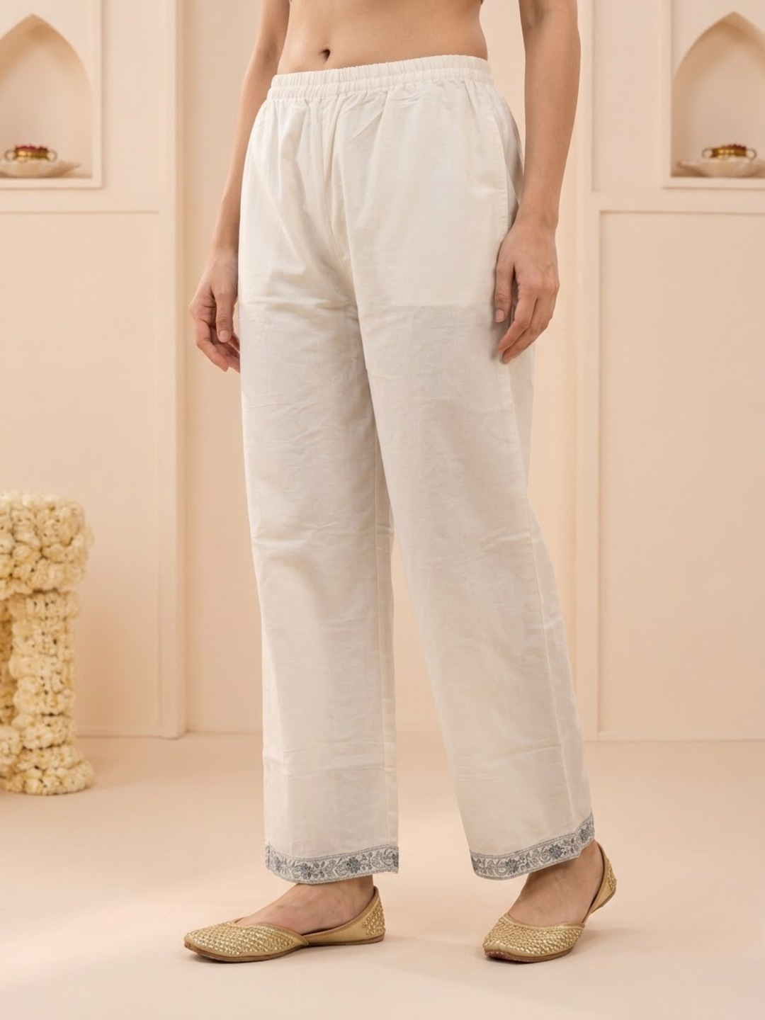 Off White Cotton Embroidered Straight Kurta Set with Palazzo & Dupatta