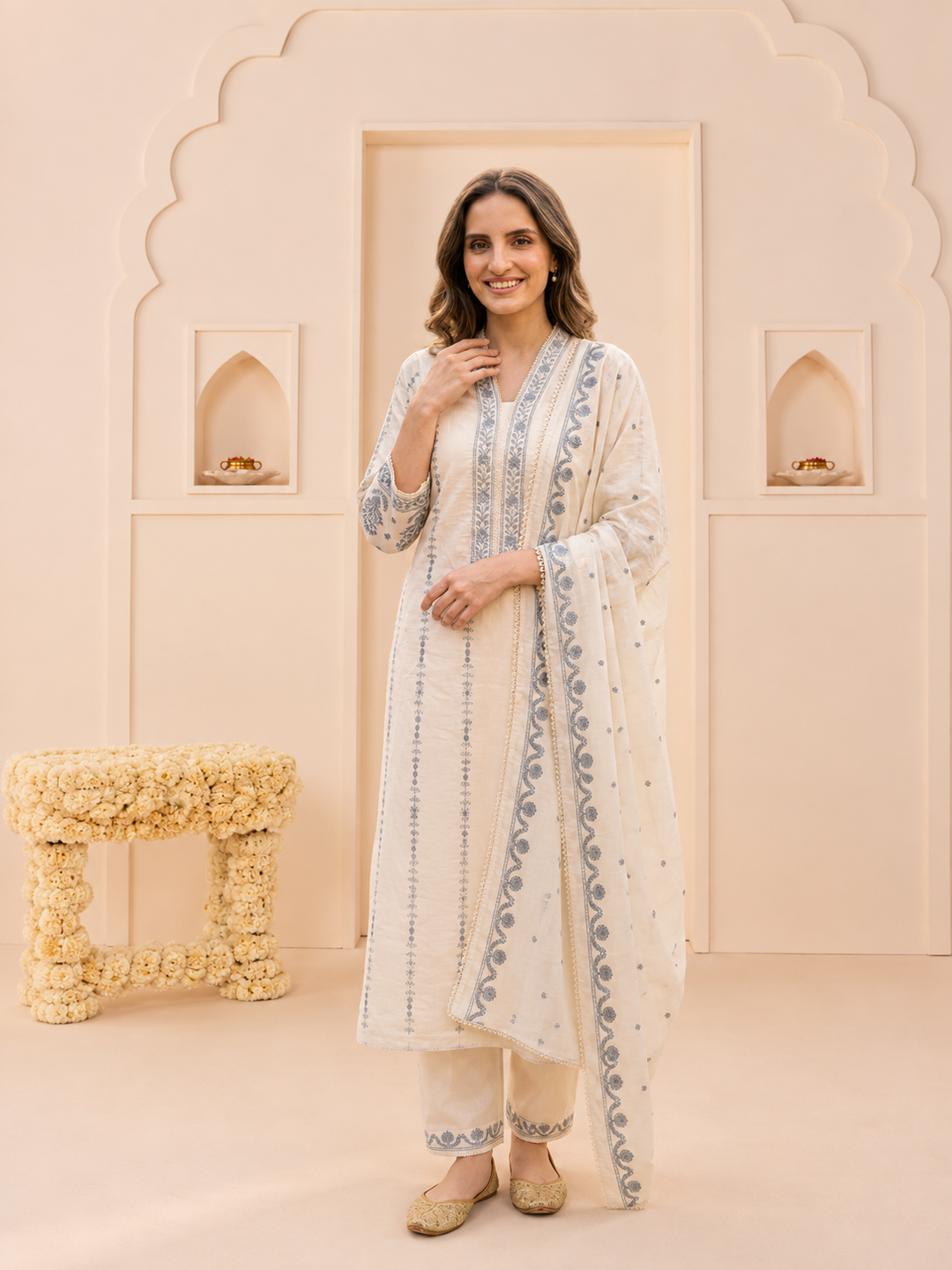 Off White Cotton Embroidered Straight Kurta Set with Palazzo & Dupatta