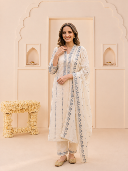 Off White Cotton Embroidered Straight Kurta Set with Palazzo & Dupatta