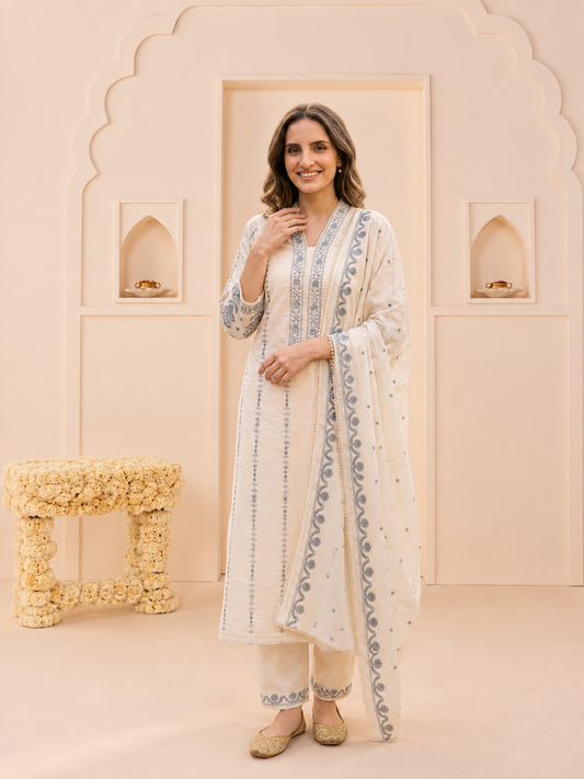 Off White Cotton Embroidered Straight Kurta Set with Palazzo & Dupatta