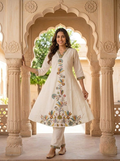 Off White Cotton Embroidered A-Line Kurta Set with Palazzo & Dupatta