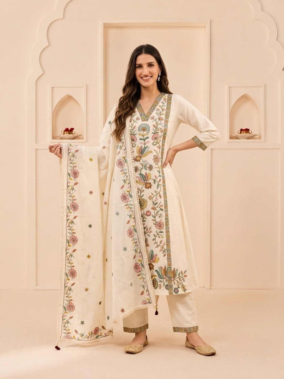 Off White Cotton Embroidered A-Line Kurta Set with Palazzo & Dupatta
