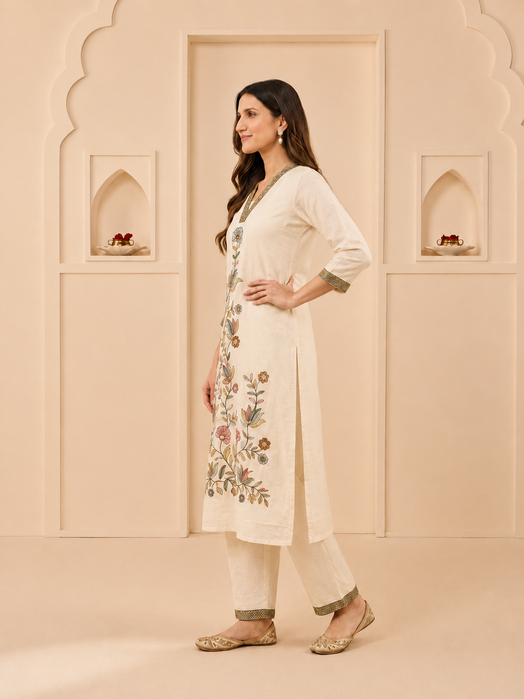 Off White Cotton Embroidered A-Line Kurta Set with Palazzo & Dupatta