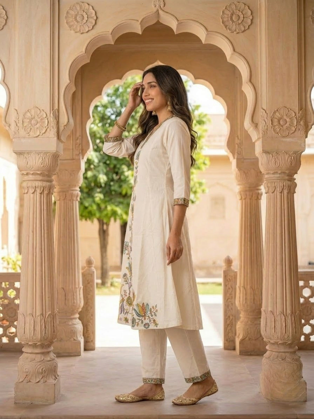 Off White Cotton Embroidered A-Line Kurta Set with Palazzo & Dupatta