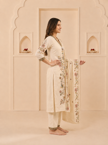 Off White Cotton Embroidered A-Line Kurta Set with Palazzo & Dupatta