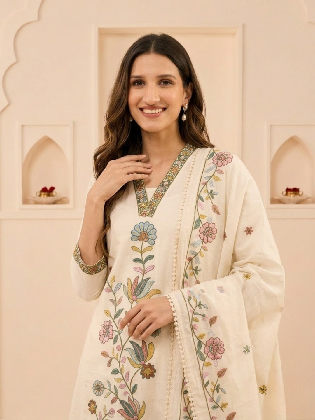 Off White Cotton Embroidered A-Line Kurta Set with Palazzo & Dupatta