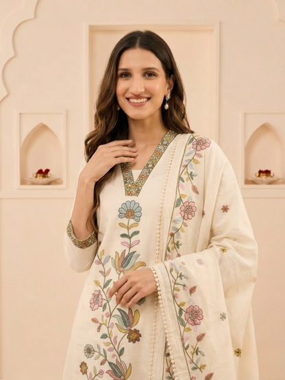 Off White Cotton Embroidered A-Line Kurta Set with Palazzo & Dupatta