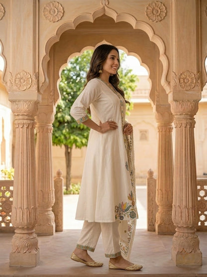 Off White Cotton Embroidered A-Line Kurta Set with Palazzo & Dupatta