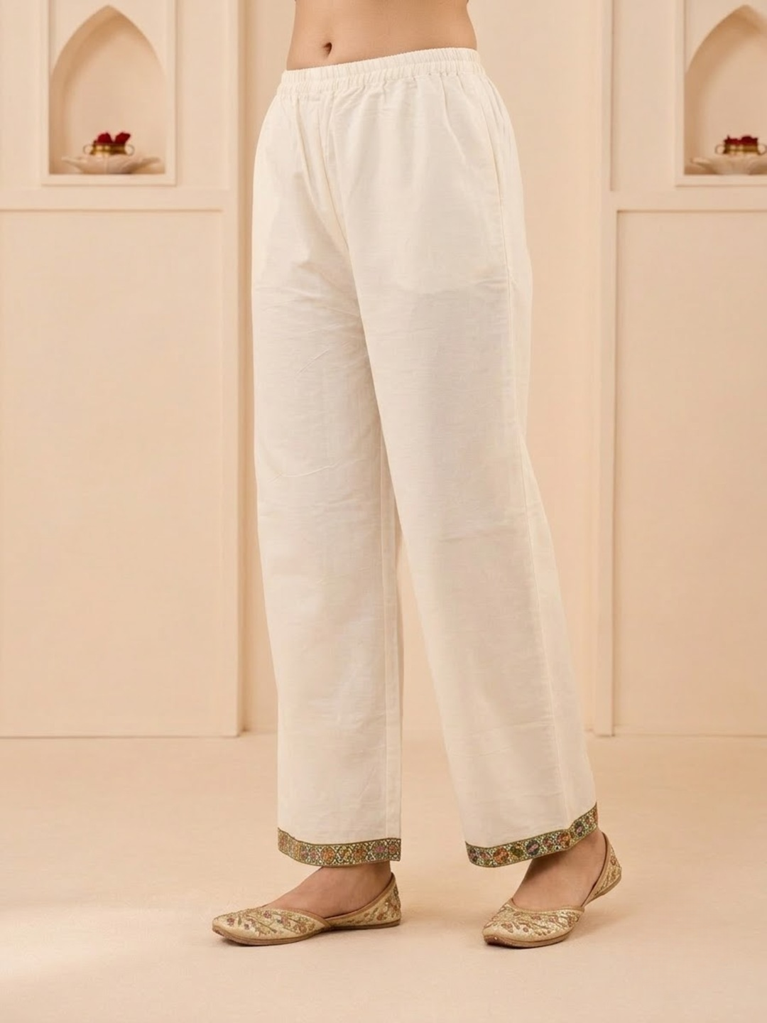 Off White Cotton Embroidered A-Line Kurta Set with Palazzo & Dupatta
