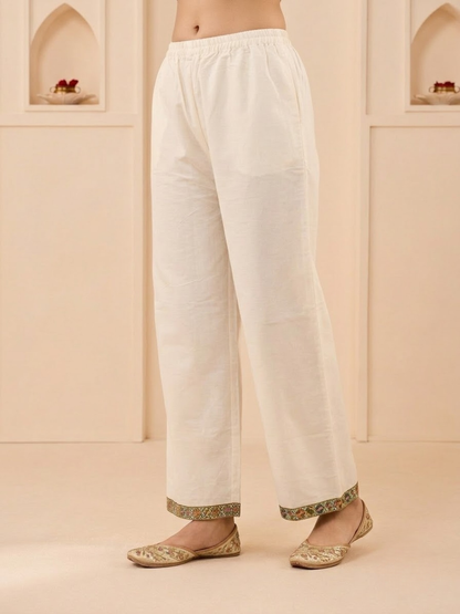 Off White Cotton Embroidered A-Line Kurta Set with Palazzo & Dupatta