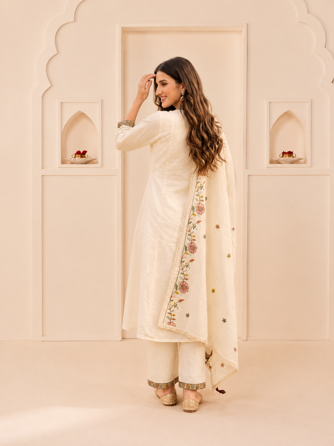 Off White Cotton Embroidered A-Line Kurta Set with Palazzo & Dupatta