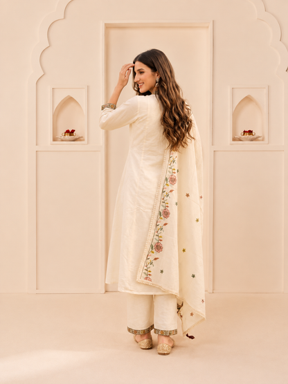 Off White Cotton Embroidered A-Line Kurta Set with Palazzo & Dupatta