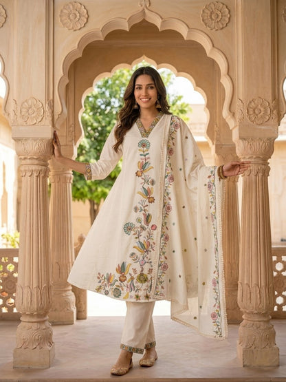 Off White Cotton Embroidered A-Line Kurta Set with Palazzo & Dupatta