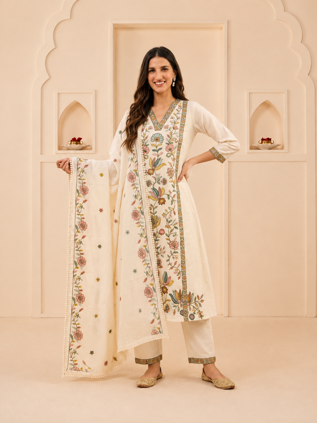 Off White Cotton Embroidered A-Line Kurta Set with Palazzo & Dupatta