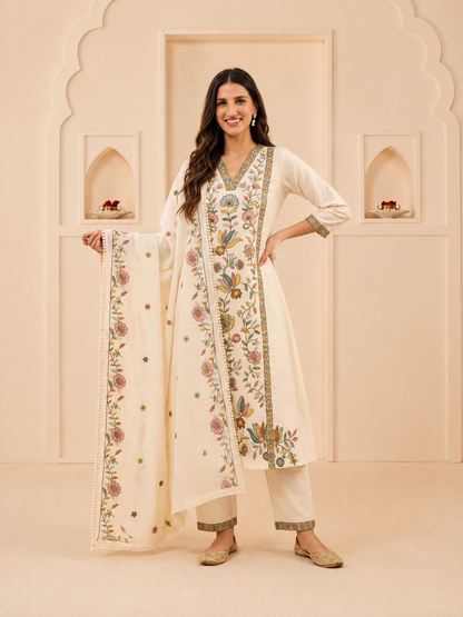 Off White Cotton Embroidered A-Line Kurta Set with Palazzo & Dupatta