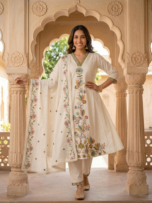 Off White Cotton Embroidered A-Line Kurta Set with Palazzo & Dupatta