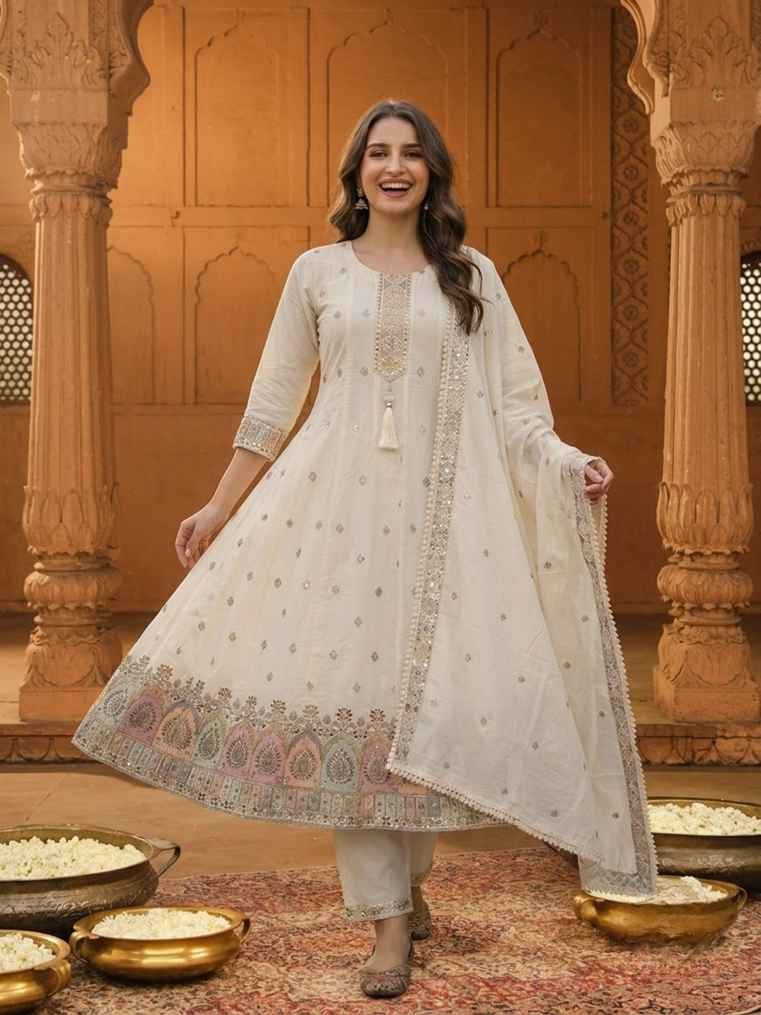 Off White Cotton Embroidered Anarkali Kurta Set with Palazzo & Dupatta