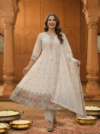 Off White Cotton Embroidered Anarkali Kurta Set with Palazzo & Dupatta