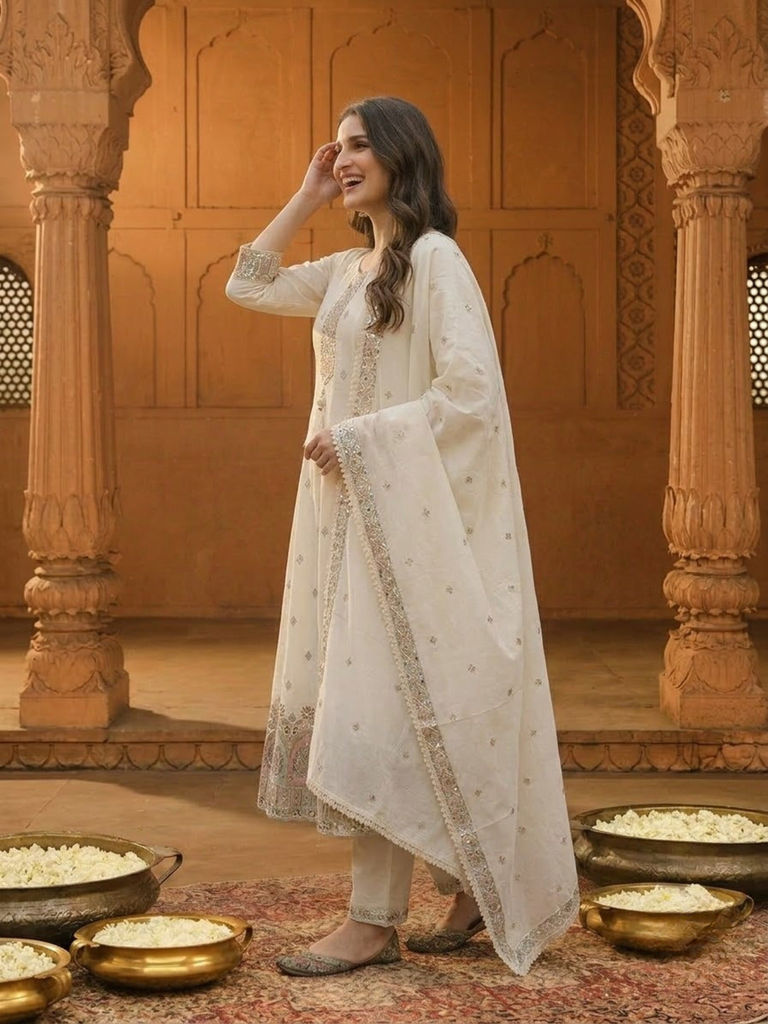 Off White Cotton Embroidered Anarkali Kurta Set with Palazzo & Dupatta