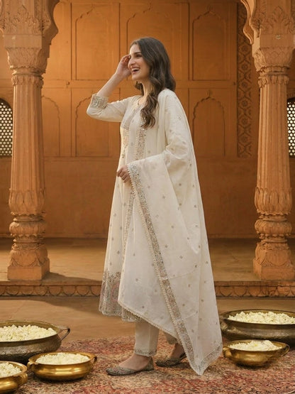 Off White Cotton Embroidered Anarkali Kurta Set with Palazzo & Dupatta