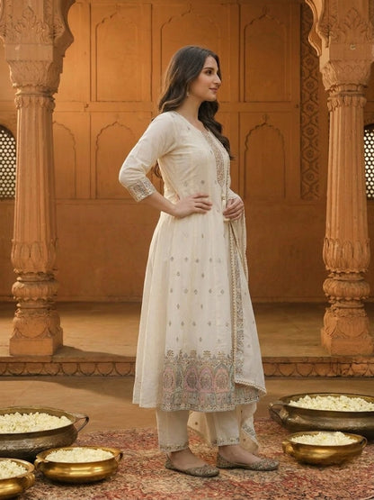 Off White Cotton Embroidered Anarkali Kurta Set with Palazzo & Dupatta