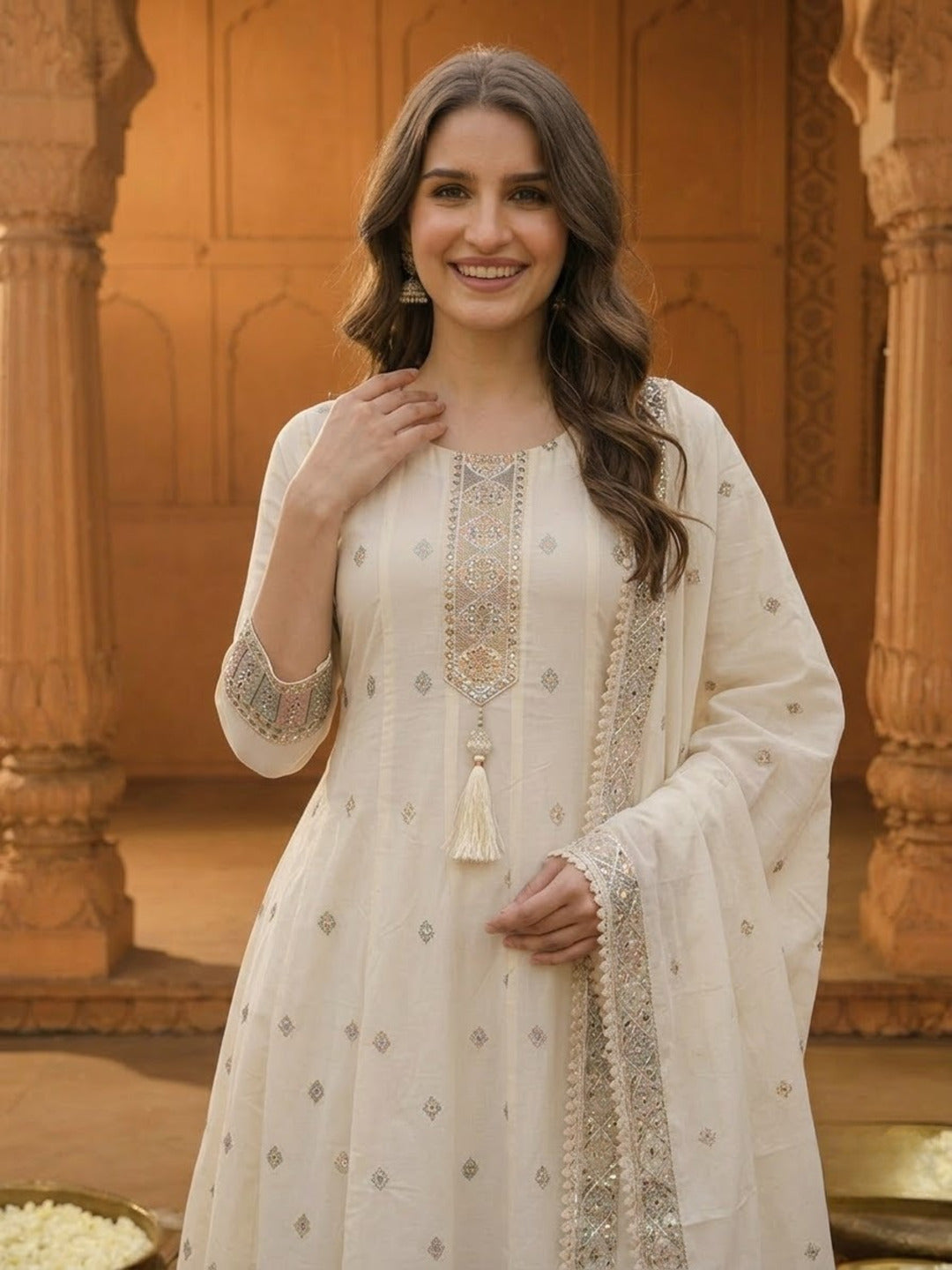 Off White Cotton Embroidered Anarkali Kurta Set with Palazzo & Dupatta