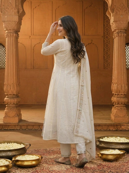 Off White Cotton Embroidered Anarkali Kurta Set with Palazzo & Dupatta