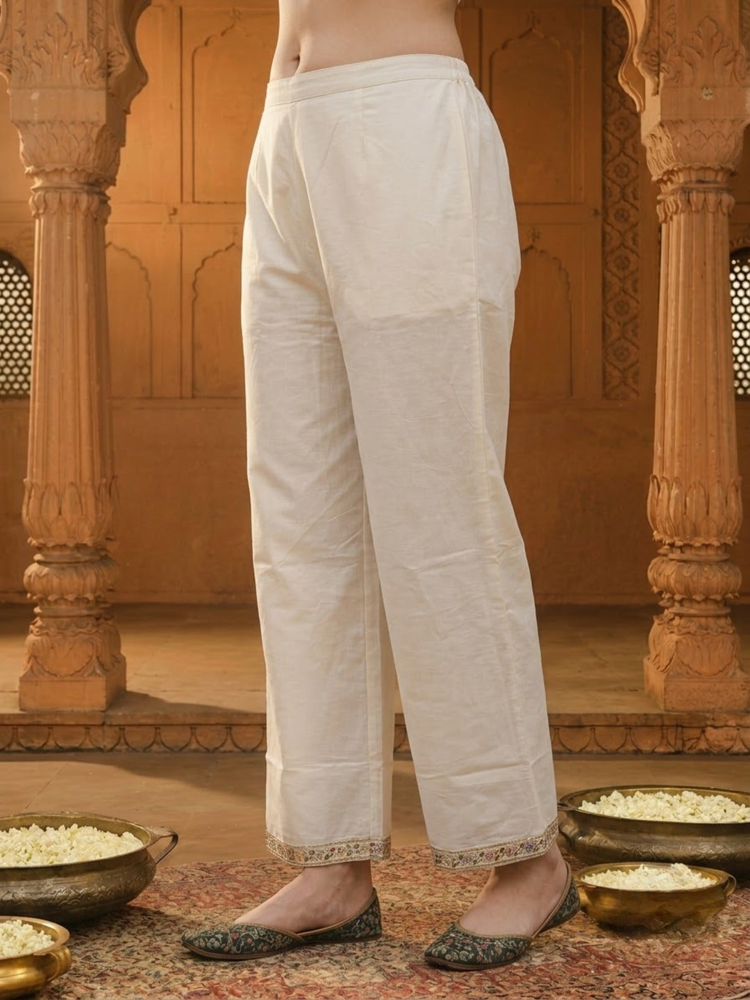 Off White Cotton Embroidered Anarkali Kurta Set with Palazzo & Dupatta