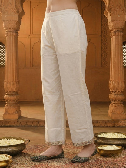 Off White Cotton Embroidered Anarkali Kurta Set with Palazzo & Dupatta