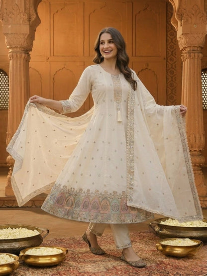 Off White Cotton Embroidered Anarkali Kurta Set with Palazzo & Dupatta