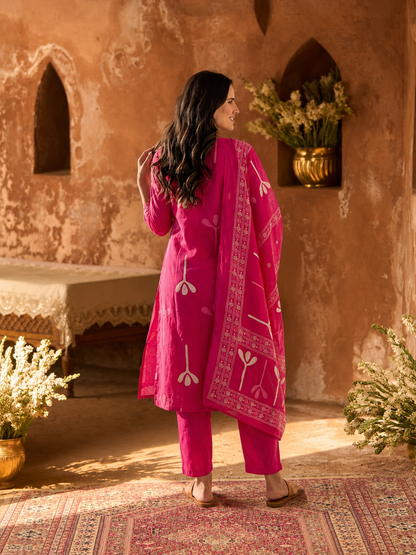 Pink Abstract Print Cotton Kurta Set with Palazzo & Dupatta