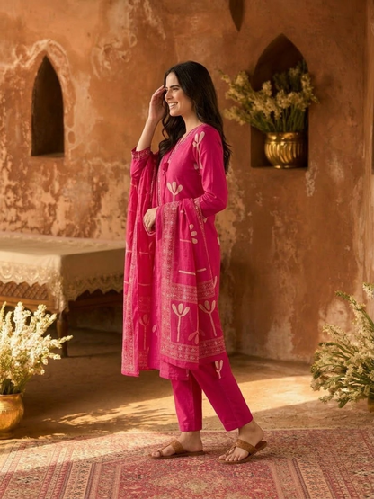 Pink Abstract Print Cotton Kurta Set with Palazzo & Dupatta