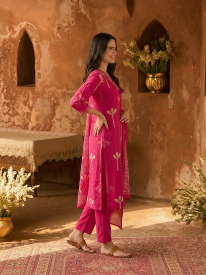 Pink Abstract Print Cotton Kurta Set with Palazzo & Dupatta