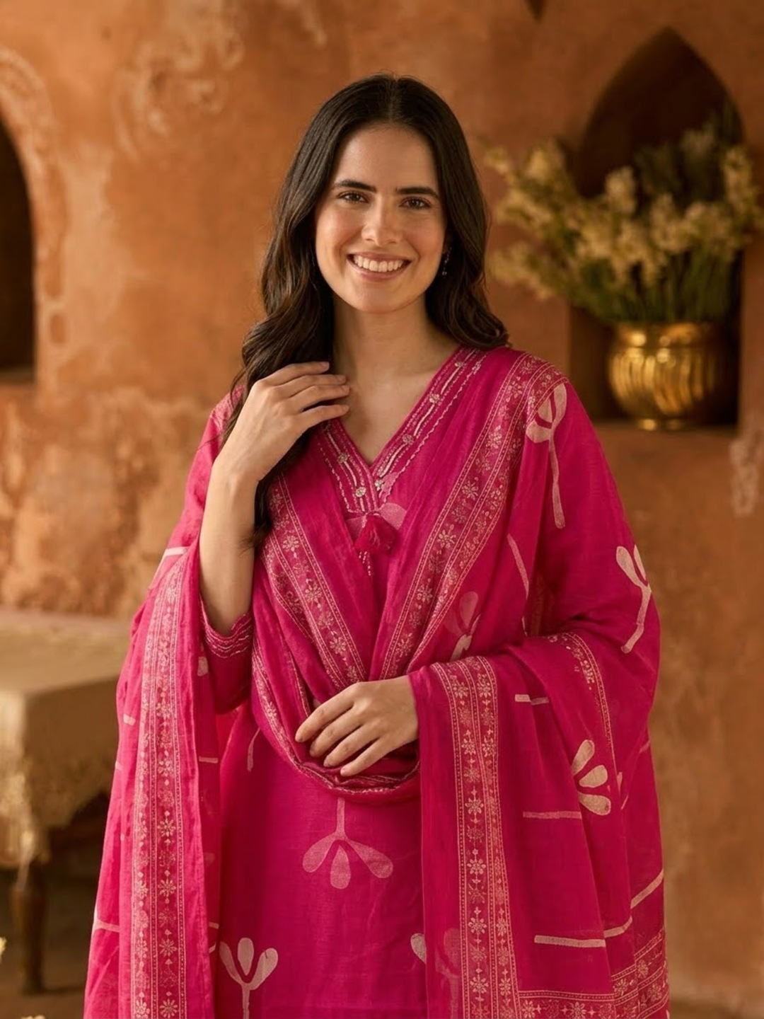 Pink Abstract Print Cotton Kurta Set with Palazzo & Dupatta