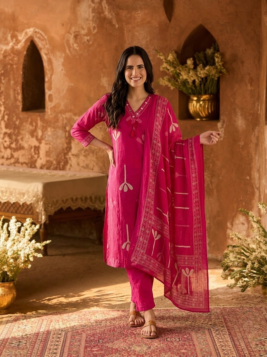Pink Abstract Print Cotton Kurta Set with Palazzo & Dupatta
