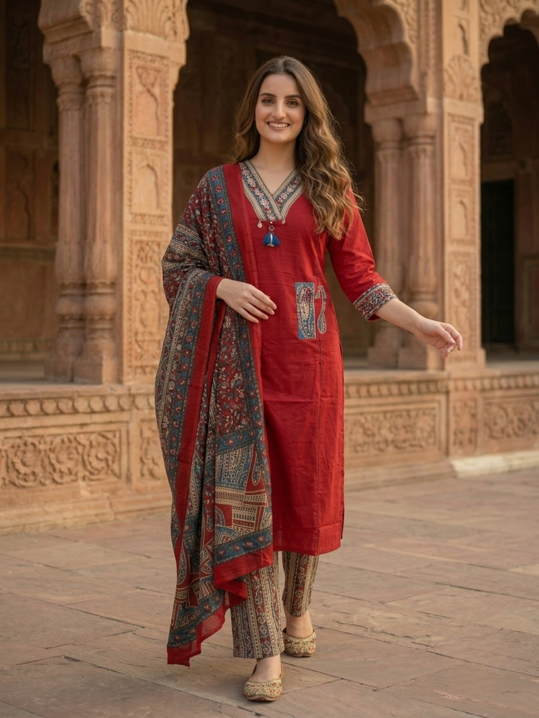 Maroon Cotton Kantha Embroidered Straight Kurta Set with Palazzo & Dupatta
