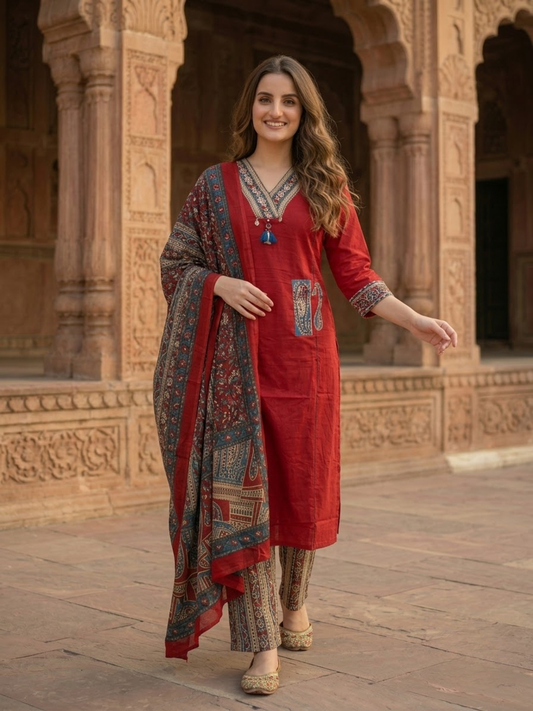 Maroon Cotton Kantha Embroidered Straight Kurta Set with Palazzo & Dupatta