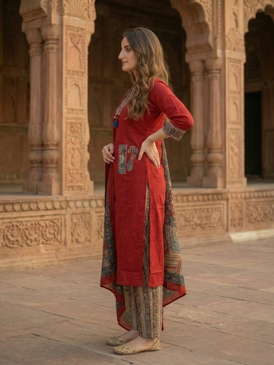 Maroon Cotton Kantha Embroidered Straight Kurta Set with Palazzo & Dupatta